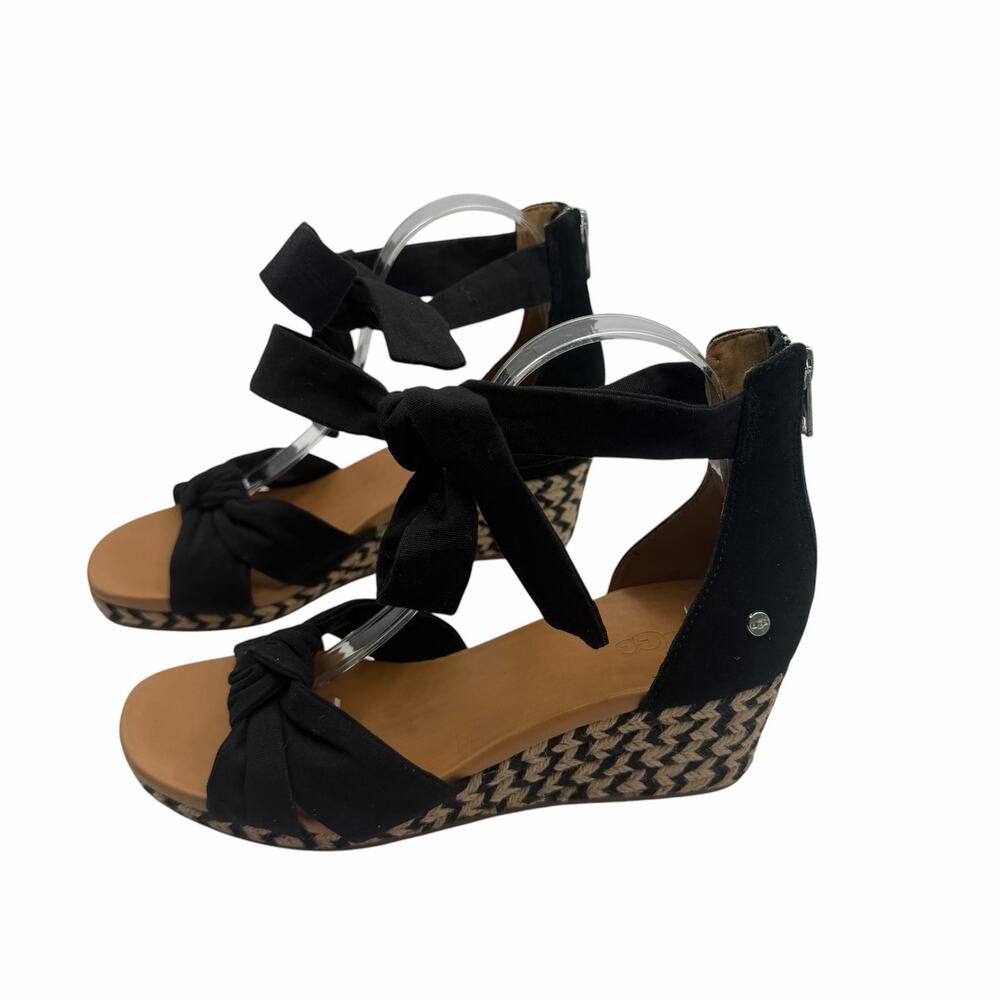 Ugg‎ Yarrow Wedge Black Wrap Ankle Tie Canvas Espadrille Platform Size 8 Boho
